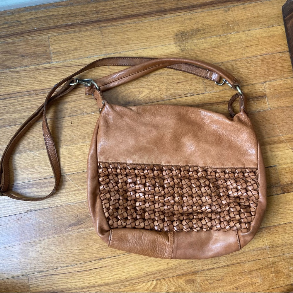 Brown Leather Woven Shoulder Bag